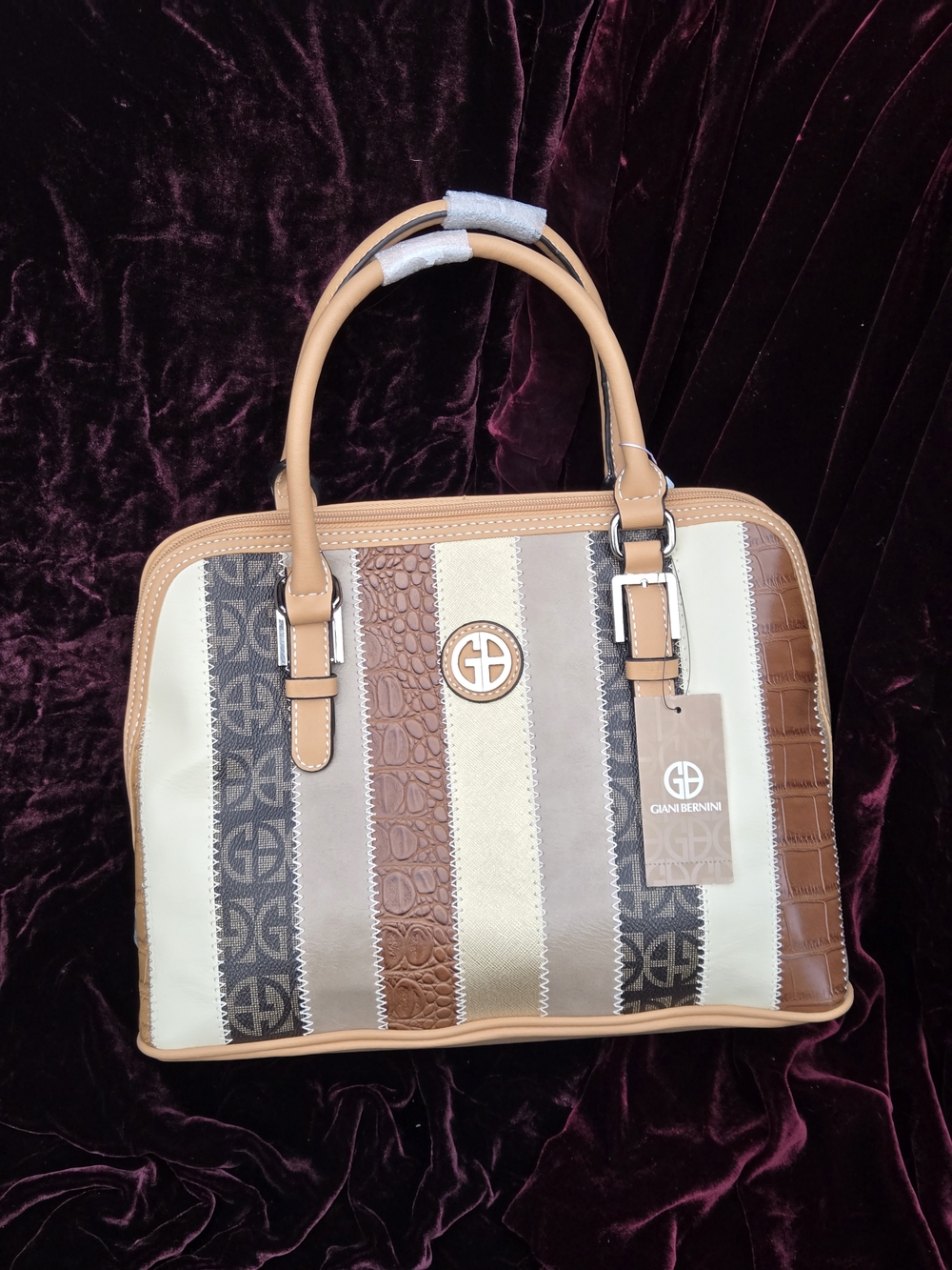 Giani Bernini Patchwork Satchel Bag Multi Stripe Faux Leather